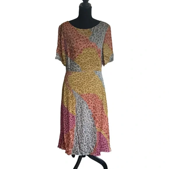 Anthropologie Varun Bahl Catria Floral Midi Dress Pink Yellow Blue Patchwork - Picture 2 of 5